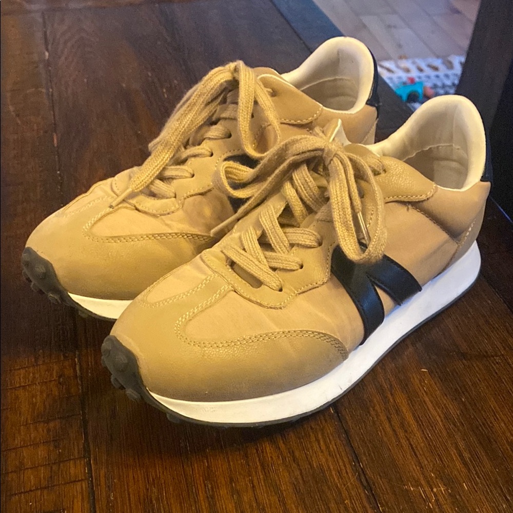 Tan Sneakers with Black Stripes